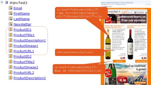 Links velden in de database in de marketingsoftware van Wijnvoordeel. Rechts hoe afbeeldingen, omschrijvingen en hyperlinks met behulp van Smarty-code in de e-mail worden opgenomen.